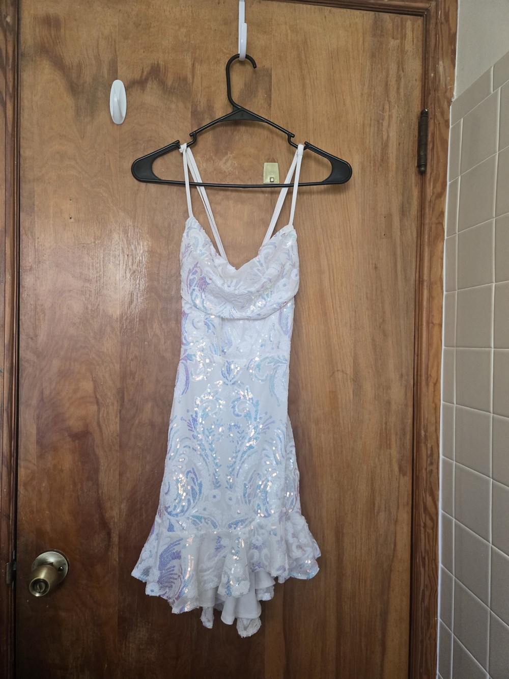 Selfie Leslie White Iridescent Sequin Cowl Mini Dress